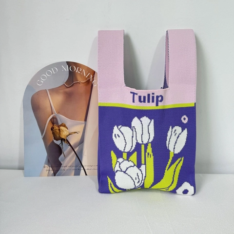 Sac Fourre-Tout En Tricot Pour Femmes Motif Fleurs Tulipe Lucky Sac À Main Crochet Petit Sac Mode Douce Pour Filles