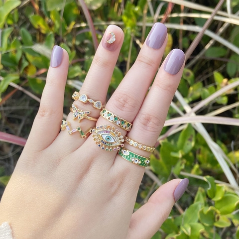 Copper Rings For Women Adjustable Opening Butterfly Evil Eye Heart Zircon Inlaid Gold Plated Bohemian Jewelry