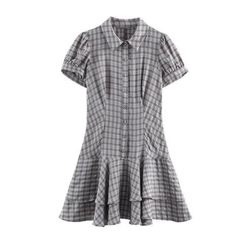 Plaid Mini Dress Layered Ruffle Hem Puff Sleeve Shirt Collar Button Down Polyester Sexy Sweet Style For Women