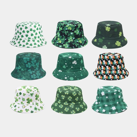Chapeau Bob Imprimé Trèfle Réversible Pliable Protection Solaire Polyester Extérieur Saint Patrick Accessoire