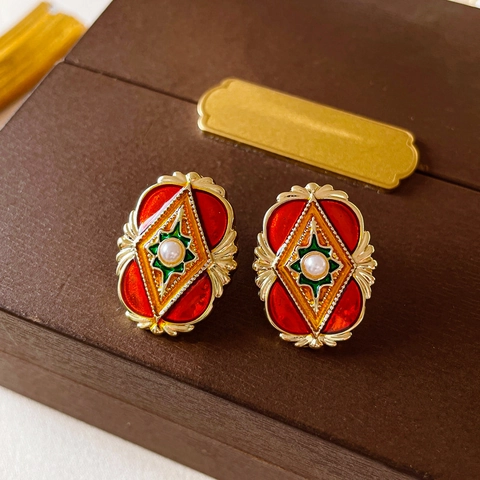 Vintage Quadratische Ohrstecker Legierung Emaille Kunstperle Mit Silbernen Ohrstiften Französischer Retro-Stil Damen