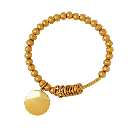 Bracciale A Sfere In Acciaio Al Titanio Placcato Oro 18K Ciondolo Rotondo Inciso Gioielli Elastici Per Donne