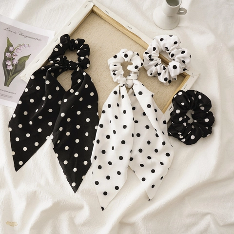 Elastici Per Capelli A Pois Con Fiocco Nastro Chiffon Tessuto Elastici Per Capelli Per Donne Vintage Nero Bianco Copricapo