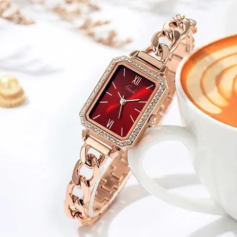 Women Fashion Quartz Watch Rectangular Dial Rhinestone Bezel Alloy Chain Bracelet Strap Waterproof Luxury Jewelry Style