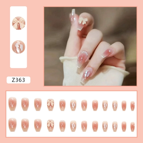Press On Nails 3D Rhinestones Artificial Pearls Gradient French Coffin Long Artificial Fake Fingernails For Women Decoration