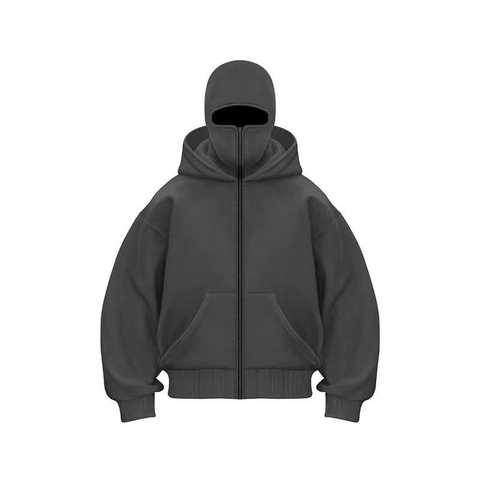 Full-Zip-Hoodie Mit Integrierter Maske Balaclava Streetwear Drop Shoulder Fleece-Sweatshirt Für Herren Lässig Einfarbig