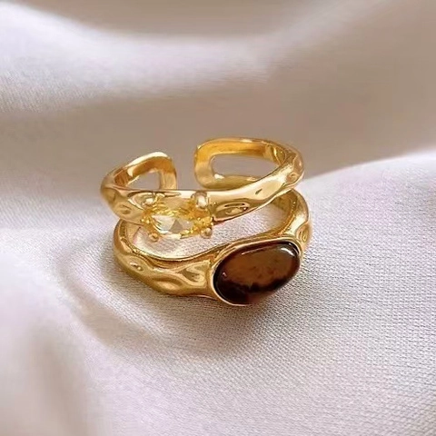 Anillos Ajustables Abiertos Vintage Franceses Chapado En Oro 18k Textura De Lava Piedra Ojo De Tigre Circón Para Mujeres