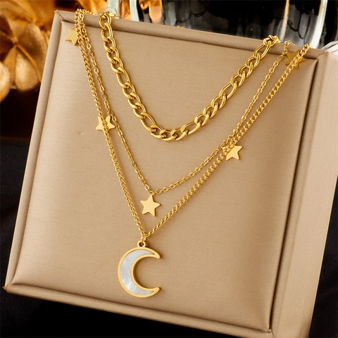 Stainless Steel Layered Necklace Gold Plated Star Moon Pendant Mother Of Artificial Pearl Elegant Clavicle Chain Fashion Women