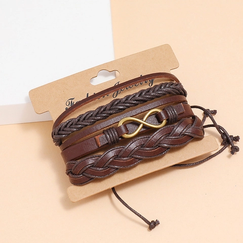 Pulsera de Cuero Trenzado Multicapa Vintage para Hombre Mujer Símbolo de Infinito Estilo Punk Joyería de Mano DIY Marrón Retro Regalo