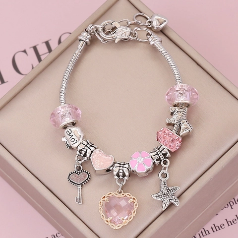 DIY Charm Bracelet Alloy Heart Star Key Pendant Glass Crystal Bead Snake Chain Fashion Jewelry For Women Gift