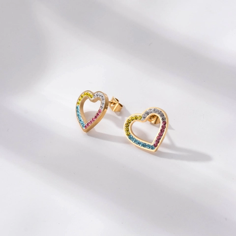 Hohl Herz Ohrstecker Edelstahl Mit Bunten Zirkonia Eingelegt Einfacher Eleganter Modeschmuck Für Damen