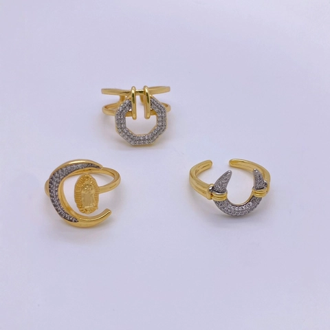 18K Gold Plated Copper Geometric Opening Ring Women Fashion Pave Rhinestone Figure Relief Moon Adjustable Finger Ring Jewelry