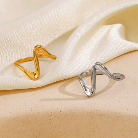 Wavy Line Open Ring Stainless Steel Minimalist Irregular Geometric Adjustable Jewelry For Women Modern Style