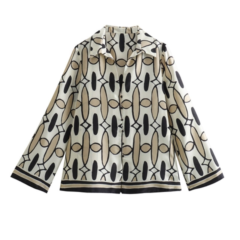 Donne Stampa Geometrica Raso Camicia Maniche Lunghe E Pantaloni Larghi Elegante Vintage