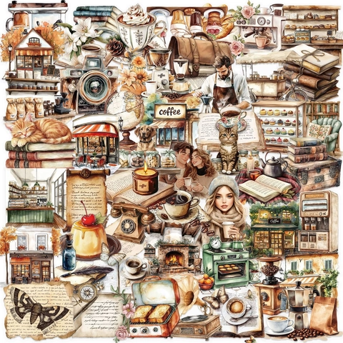 Vintage Coffee Cafe PET Stickers Waterproof Retro Watercolor Scrapbook Stickers For Journaling DIY Crafting Decoration