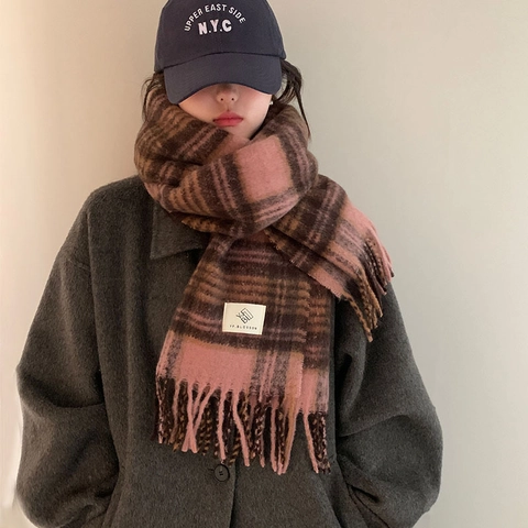 Écharpe Longue Plaid Vintage Pour Femmes Hommes Automne Hiver Chaud Doux Châle À Carreaux Avec Glands Style Rétro Maillard En Tricot De Polyester