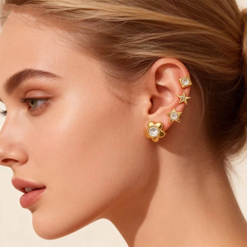 Heart Star Square Flower Stud Earrings Gold Plated 304 Stainless Steel With Sparkling Rhinestone Inlaid Hypoallergenic For Women