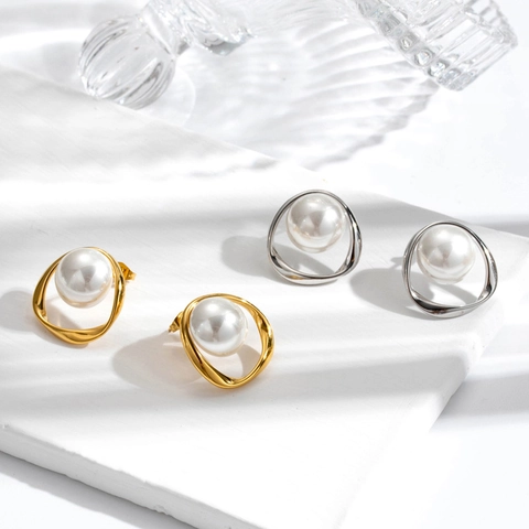 Geometric Artificial Pearl Stud Earrings With Stainless Steel Earring Post Irregular Metallic French Vintage Elegant For Women