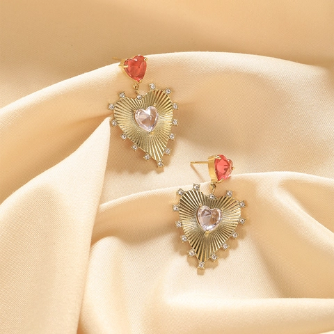 Pendientes De Gota De Corazón Acero Inoxidable Chapado En Oro 18K Circonita Cristal Rojo Joyas Románticas Para Mujeres