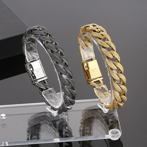 Men Cuban Link Bracelet 316L Stainless Steel Dotted Texture Heavy Punk Hip Hop Vintage Jewelry