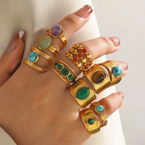 Vintage Roestvrijstalen Ring 18K Verguld Natuursteen Turkoois Tijgeroog Verstelbaar Open Sieraden Dames