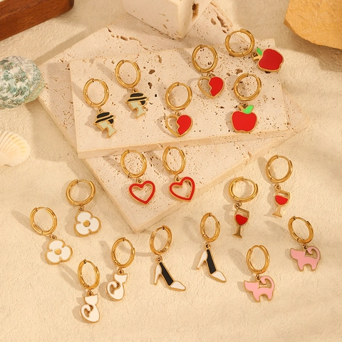 Fashion 18K Gold Plated Stainless Steel Hoop Earrings With Enamel Pendants Heart Apple Cat Flower Design For Women