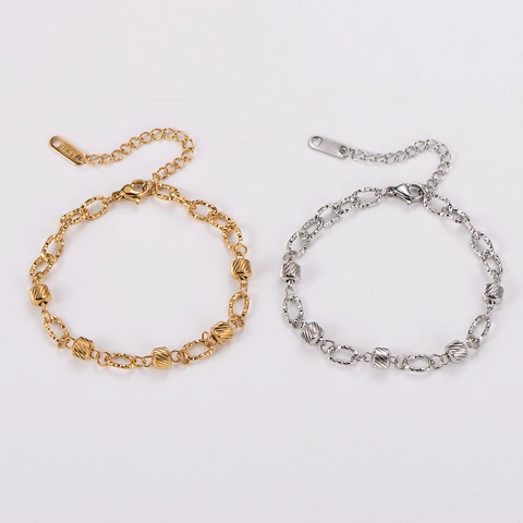Pulsera De Cadena De Bolas Cilíndricas Grabada De Acero Inoxidable Joyería Mujer Ajustable Minimalista Elegante Oro