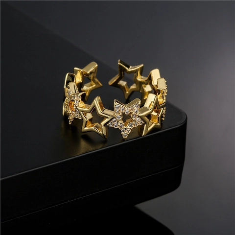 Star Ring Hollow Geometric Copper Cubic Zirconia Open Adjustable Gold Plated Jewelry Gift For Women