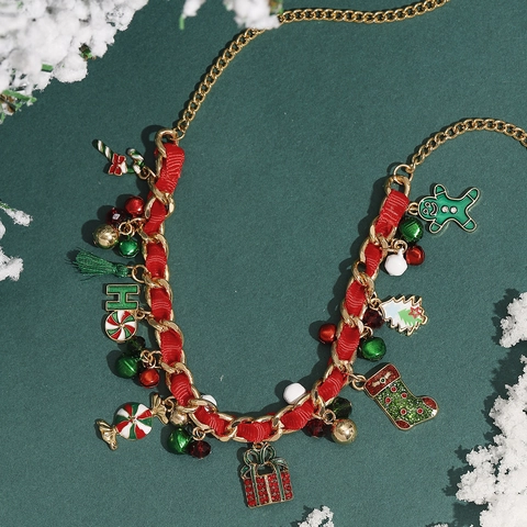 Kerstmis Ketting Met Legering Emaille Hangers Lint Weven Ketting Vakantie Peperkoek Man Boom Bel Sieraden Voor Vrouwen