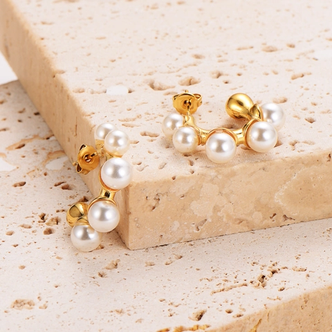 Pendientes De Aro En Forma De C Acero Inoxidable 304 Chapado En Oro De 18K Con Perlas Artificiales Blancas Joyas Elegantes