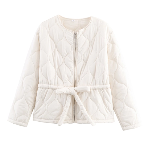 Veste Matelassée Pour Femme Col Rond Fermeture Éclair Manches Longues Couleur Unie Ceinture À La Taille Mode