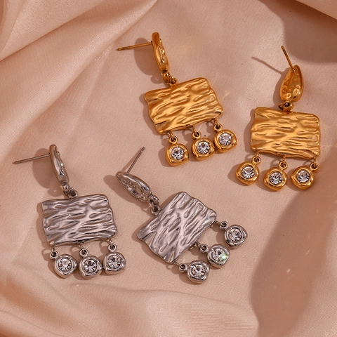 Orecchini Pendenti Vintage in Acciaio Inossidabile Geometrici Martellati Placcati Oro 18K Boho Lunghi Con Strass Donna
