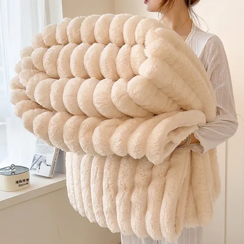 Plüschdecke Weich Warm Kaninchenfell Imitat Flanell Überwurf Verdickt Einfarbig Für Bett Sofa Büro Antistatisch