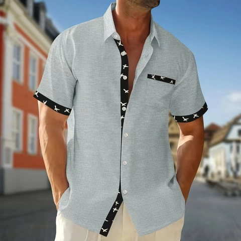 Camicia Uomo Maniche Corte Tessuto Nido D'Ape Bottoni Risvolto Stampa Uccello Contrasto Estate Casual Moda Top