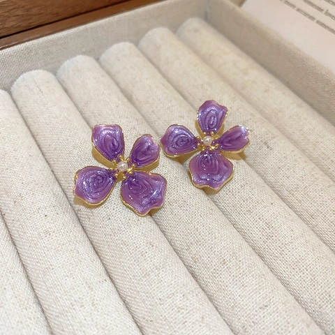 Orecchini A Lobo Fiore Viola Lega Smalto Floreale Gioielli Con Perla Artificial E Perno In Argento Per Donna Stile Elegante