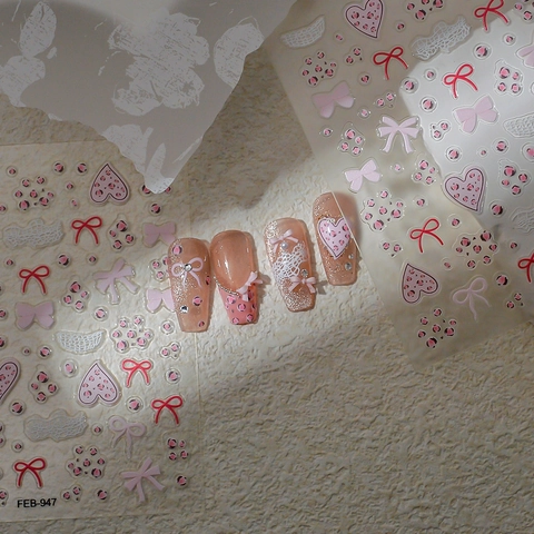 5D Relief Nagelsticker Valentinstag Rosa Leopard Bow Herz Spitze Wasserdicht Selbstklebende DIY Aufkleber