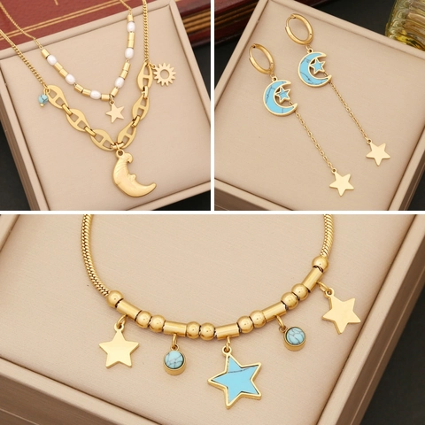 Collana Doppio Strato Stella Luna Celeste Acciaio Inossidabile Perla Artificial Sintetica Ciondolo Turchese Gioielli Da Donna