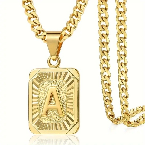 Collar Con Colgante De Letra Mayúscula Acero Inoxidable Chapado En Oro De 18K Cadena Cubana Placa Rectangular Hip Hop