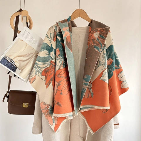 Écharpe D'Hiver À Motifs Floraux Jacquard En Viscose Épaisse Chaude À Franges Double Face Élégante Ethnique Pour Femmes