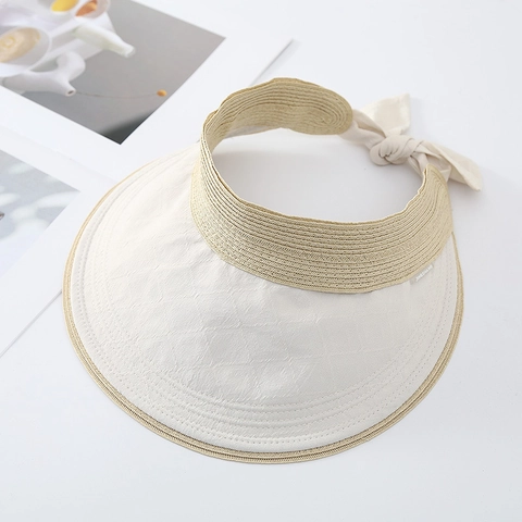 Empty Top Sun Hat Large Brim UV Protection Straw Woven Quilted Fabric Bow Knot Adjustable Summer Beach For Women