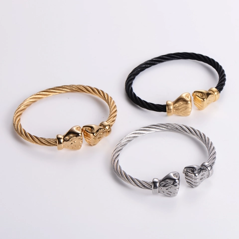 Men Stainless Steel Open Cuff Bracelet Boxing Glove Fist Twisted Cable Wire Hip Hop Punk Street Bangle Jewelry