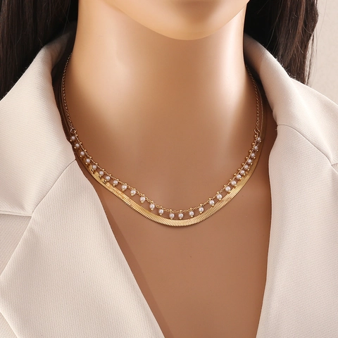 Butterfly Artificial Pearl Double Layer Necklace Stainless Steel Snake Chain Y-Shape Pendant Elegant Jewelry For Women