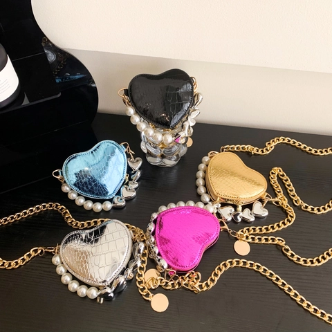 Heart Shaped Mini Crossbody Bag Crocodile Pattern PU Leather With Artificial Pearl Handle Metal Chain Strap Metallic Fashion