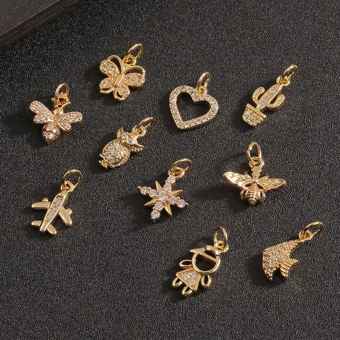 DIY Jewelry Making Charms Copper Gold Plated Cubic Zirconia Bee Heart Star Butterfly Aircraft Shapes Accessory