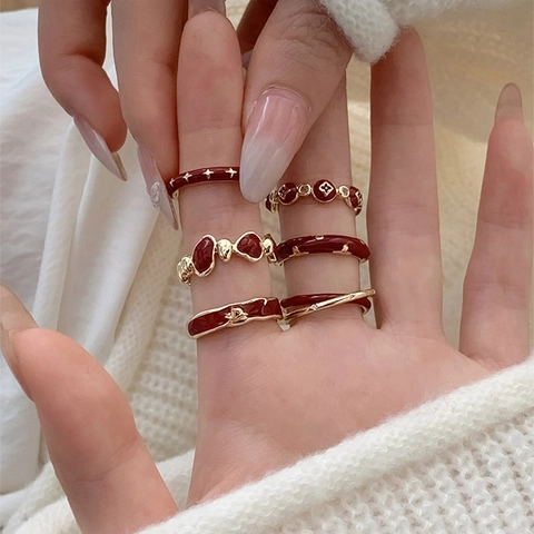 Red Enamel Flower Open Ring Copper Gold Plated Adjustable French Vintage Fashion Finger Jewelry For Women