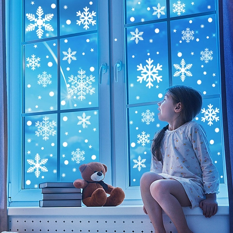 Christmas Snowflakes Window Stickers Static Clings For Glass White PVC Reusable Winter Holiday Party Decor