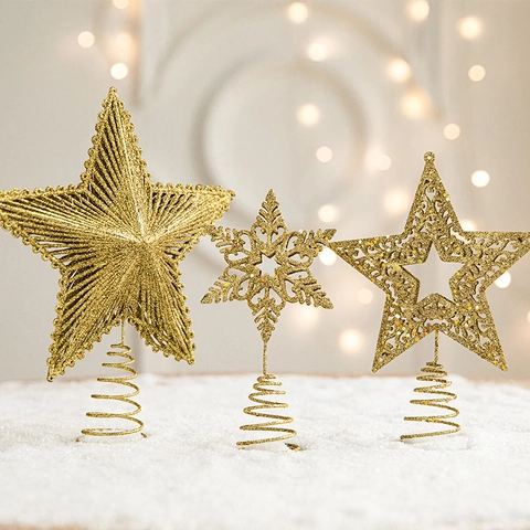 Puntale Per Albero Di Natale A Stella Oro Glitterato Cavo Ferro Battuto Decorazione Per Feste Con Base A Spirale