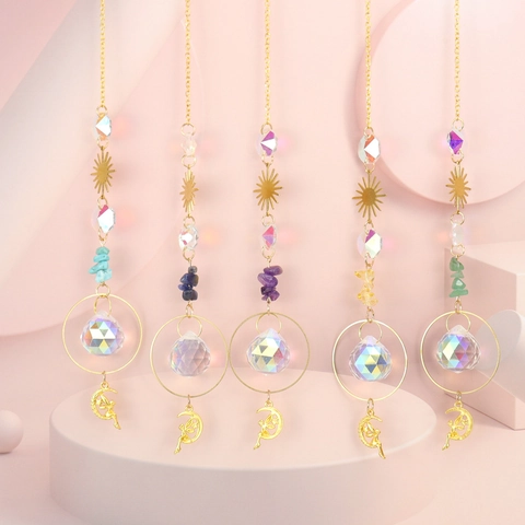 Crystal Suncatcher Hanging Ornament Gold Metal Sun Moon Fairy Natural Stone Garden Window Decor Aesthetic Healing