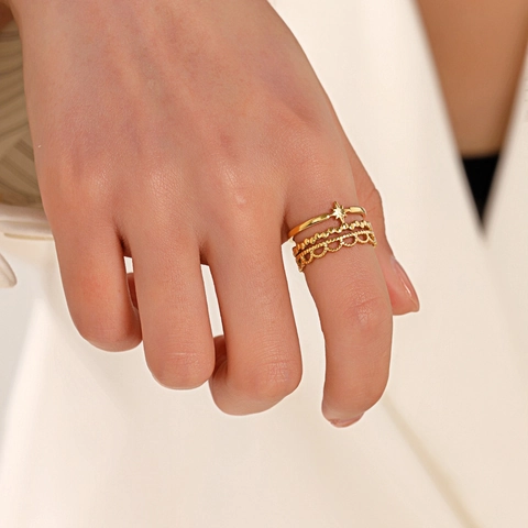 Elegante Anillo De Estrella Multicapa De Acero Inoxidable Banda Abierta Ajustable Para Mujer Joyería De Dedo Hueca