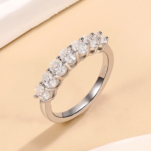 S925 Sterling Silver 18K White Gold Plated Moissanite Row Ring For Women 7-Stone Fancy Cut Half Eternity Wedding Band Jewelry